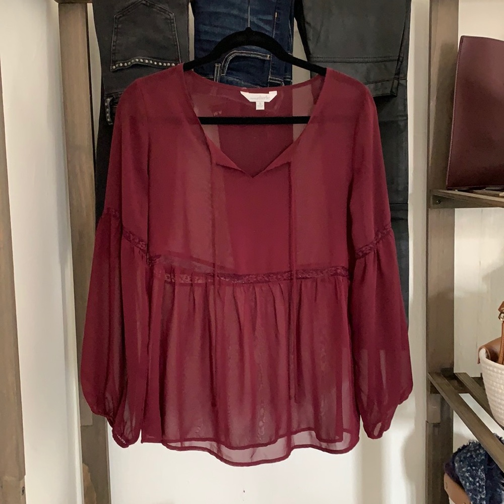 Sheer Burgundy Plum Bell Sleeve Bohemian Top
